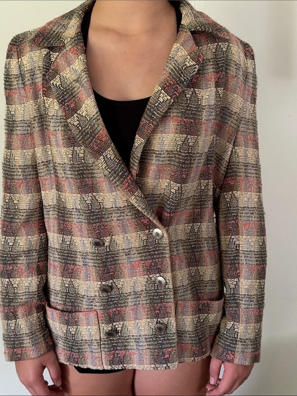 CHANEL Beige, Black and Pink Plaid Tweed Double-Breasted Blazer